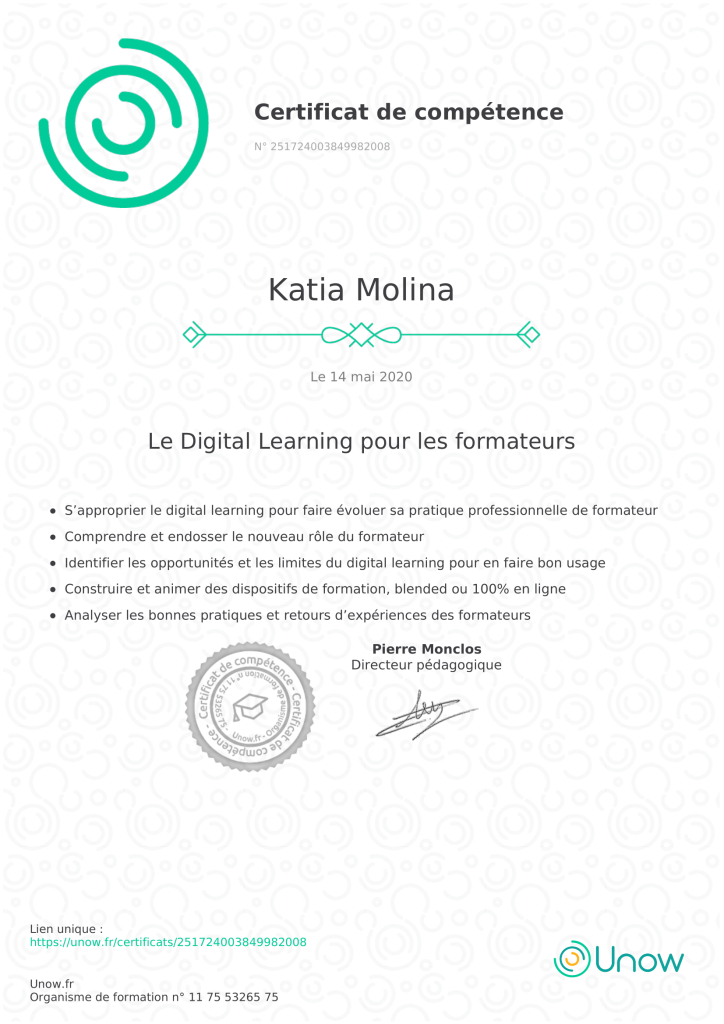 Certificat de compétence Digital learning pour les formateurs